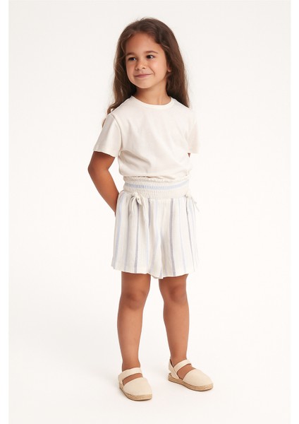 Kız Çocuk Çizgili Şort Krem