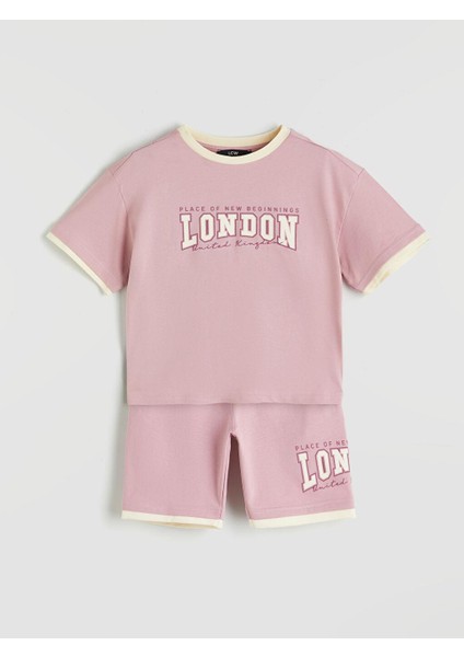 Bisiklet Yaka London Baskılı Kız Çocuk Tişört ve Şort (S5)