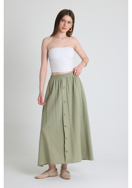 Olive Yeşili Keten Görünümlü %100 Pamuk Düğmeli Midi Etek 3419