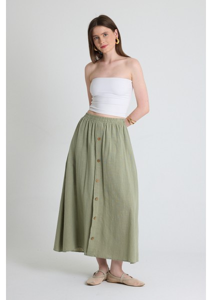 Olive Yeşili Keten Görünümlü %100 Pamuk Düğmeli Midi Etek 3419 fiyatları