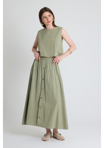 Olive Yeşili Keten Görünümlü %100 Pamuk Düğmeli Midi Etek 3419 modelleri