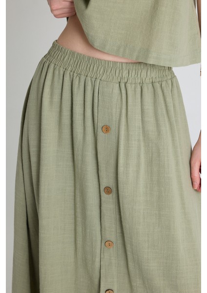 Olive Yeşili Keten Görünümlü %100 Pamuk Düğmeli Midi Etek 3419 fırsatları