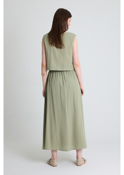 Olive Yeşili Keten Görünümlü %100 Pamuk Düğmeli Midi Etek 3419 indirimleri