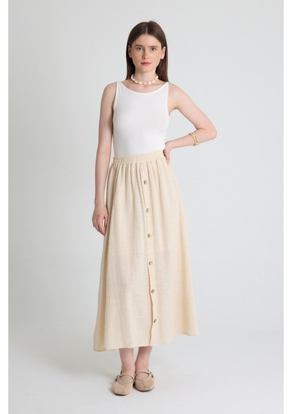 Natural Keten Görünümlü %100 Pamuk Düğmeli Midi Etek 3419