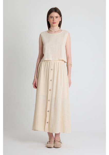 Natural Keten Görünümlü %100 Pamuk Düğmeli Midi Etek 3419 fiyatları