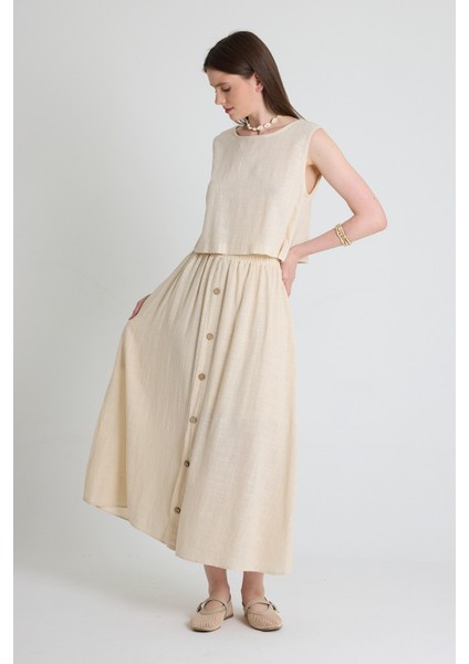 Natural Keten Görünümlü %100 Pamuk Düğmeli Midi Etek 3419 modelleri