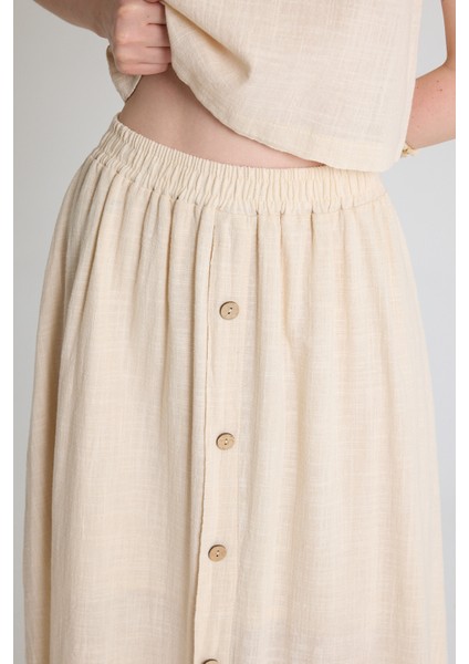 Natural Keten Görünümlü %100 Pamuk Düğmeli Midi Etek 3419 fırsatları