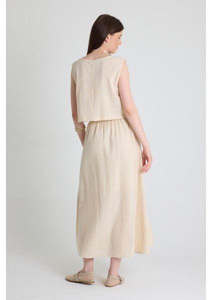 Natural Keten Görünümlü %100 Pamuk Düğmeli Midi Etek 3419 indirimleri