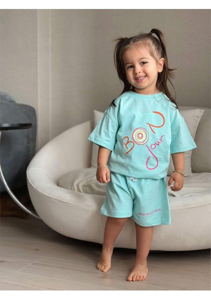 Kız Çocuk Bonjour Baskılı Alt-Üst Takım Mavi
