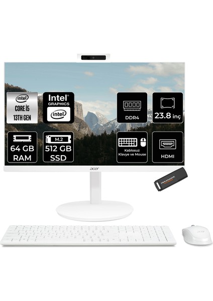 Aspire C24 Intel Core I5 1334U 64GB 512GB SSD 23.8" Fhd Freedos All In One Bilgisayar & Per4 USB Bellek DQBNCEM003P347