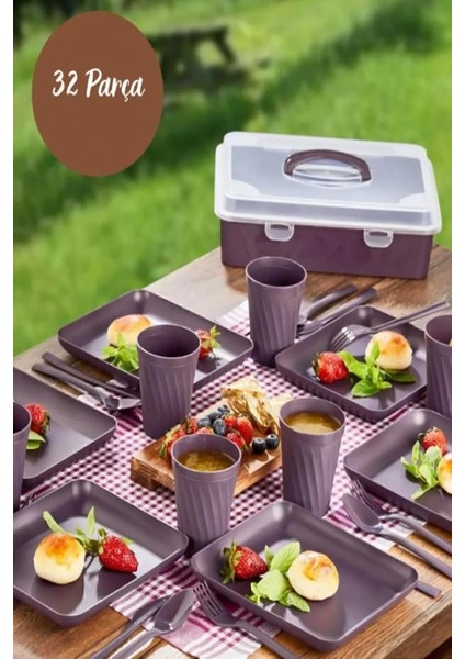 32 Parça Piknik Seti, Premium, 6 Kişilik Piknik Seti, , Mangal Seti, Piknik Tabak, Bıçak, Çatal, Kaşık, Bardak Set