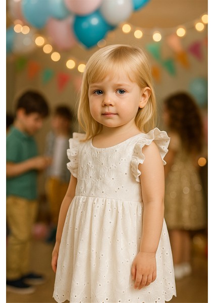 Kız Çocuk Beyaz Güpürlü Elbise Beyaz