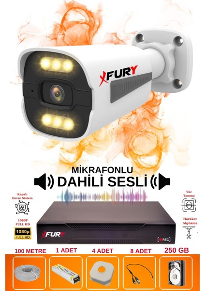 1 Li Sesli 6 Warm LED Gece Renkli Görüş Su Geçirmez Güvenlik Kamerası Seti 250GB