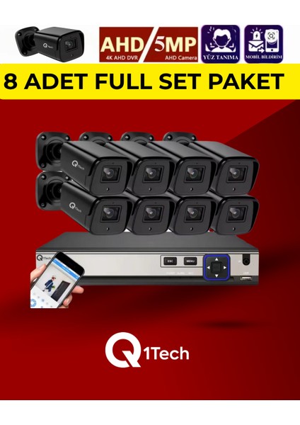 8'li 5mp Kamera Seti + Ahd 1080P Hd + Renkli Gece Görüş + Sesli + Hareket Algılama modelleri