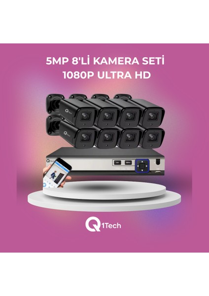 8'li 5mp Kamera Seti + Ahd 1080P Hd + Renkli Gece Görüş + Sesli + Hareket Algılama