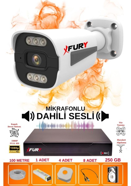 1 Li Sesli 6 Warm LED Gece Renkli Görüş Su Geçirmez Güvenlik Kamerası Seti 250GB