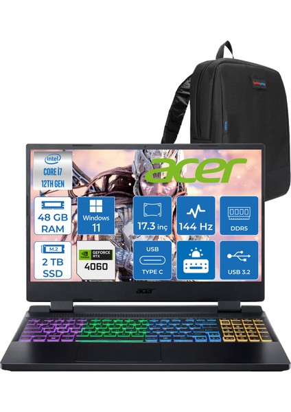 Nitro 5 AN517-55- Intel I7-12650H 48GB Ddr5 2tb SSD 8GB/RTX4060 140W IPS 17.3" 144Hz Full Hd WIN11PRO Gaming Laptop NHQLFEY004P19+ZETTAÇANTA