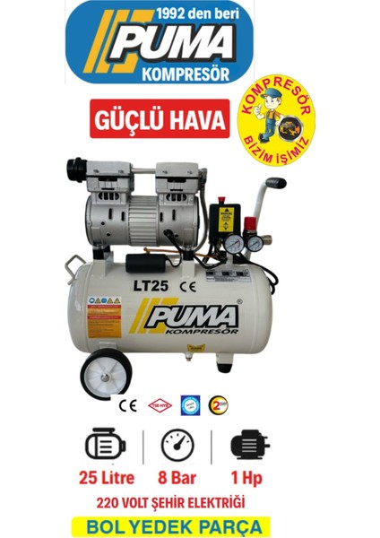 25 Lt Yağsız Düşük Ses Desibelli Pistonlu Kompresör