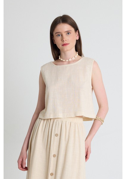 Natural Keten Görünümlü %100 Pamuk Kolsuz Crop Bluz 3419-1 fiyatları