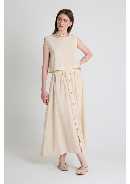 Natural Keten Görünümlü %100 Pamuk Kolsuz Crop Bluz 3419-1