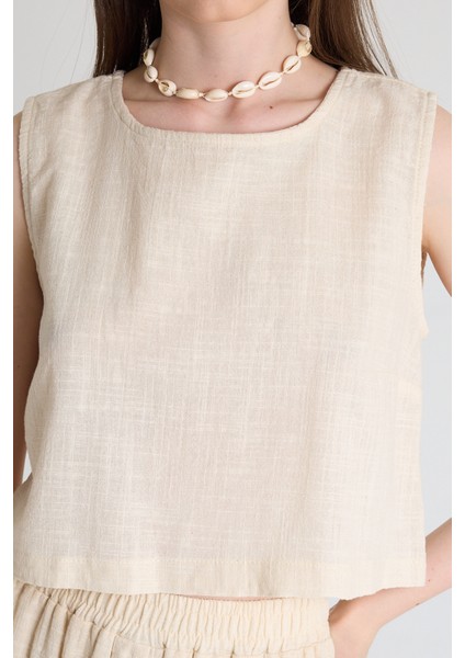Natural Keten Görünümlü %100 Pamuk Kolsuz Crop Bluz 3419-1