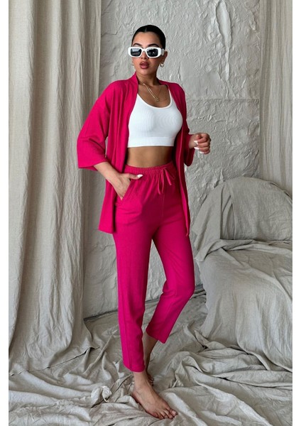 Kadın Fuşya Pembe Kimono Alt Üst Havuç Pantolon Takım
