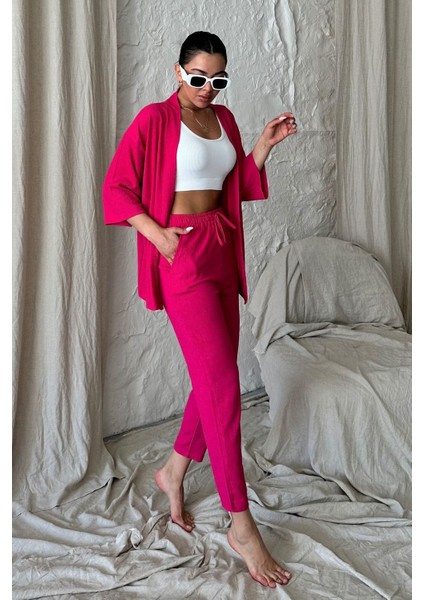 Kadın Fuşya Pembe Kimono Alt Üst Havuç Pantolon Takım