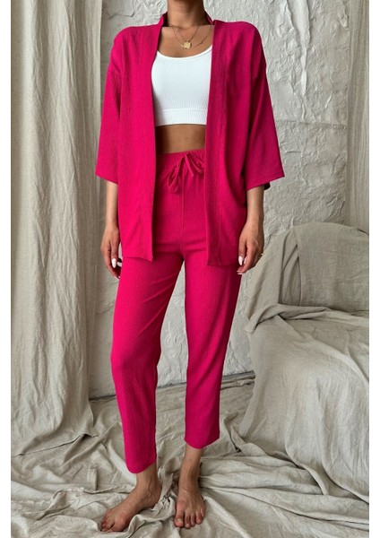 Kadın Fuşya Pembe Kimono Alt Üst Havuç Pantolon Takım