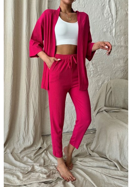 Kadın Fuşya Pembe Kimono Alt Üst Havuç Pantolon Takım