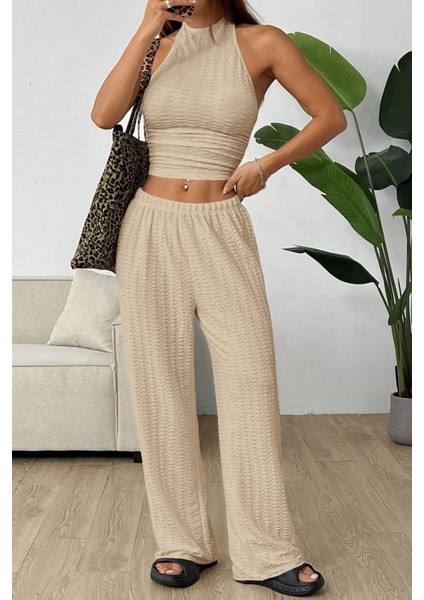 Bej Örme Kolsuz Sırtı Açık Bel Dar Bluz Pantolonlu Takım
