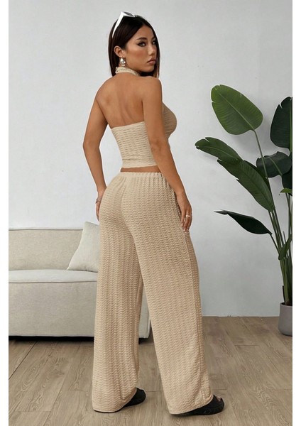 Bej Örme Kolsuz Sırtı Açık Bel Dar Bluz Pantolonlu Takım
