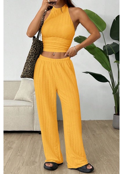 Sarı Örme Kolsuz Sırtı Açık Bel Dar Bluz Pantolonlu Takım