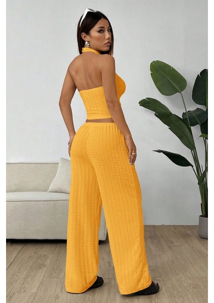 Sarı Örme Kolsuz Sırtı Açık Bel Dar Bluz Pantolonlu Takım fiyatları