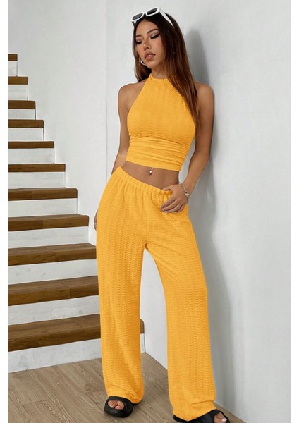 Sarı Örme Kolsuz Sırtı Açık Bel Dar Bluz Pantolonlu Takım modelleri