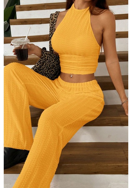 Sarı Örme Kolsuz Sırtı Açık Bel Dar Bluz Pantolonlu Takım fırsatları