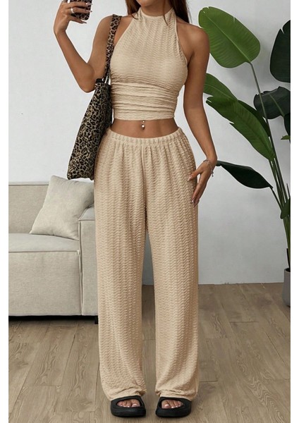 Bej Örme Kolsuz Sırtı Açık Bel Dar Bluz Pantolonlu Takım