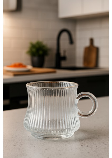 Gravürlü 6'lı Lüks Çay Kahve Sunum Fincanı Kulplu ve Çizgili