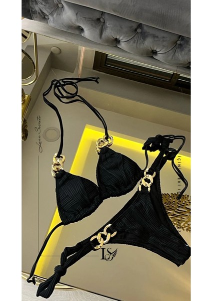 Black New Desıgn Kesim ve Gold Zincir Detaylı Luxury Bikini Seti