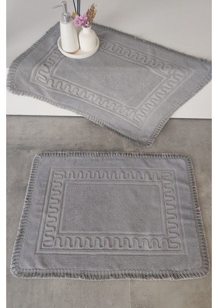2'li Püsküllü Ayak Havlusu Takımı-50 x 70 CM-%100 Pamuk Paspas-Gri