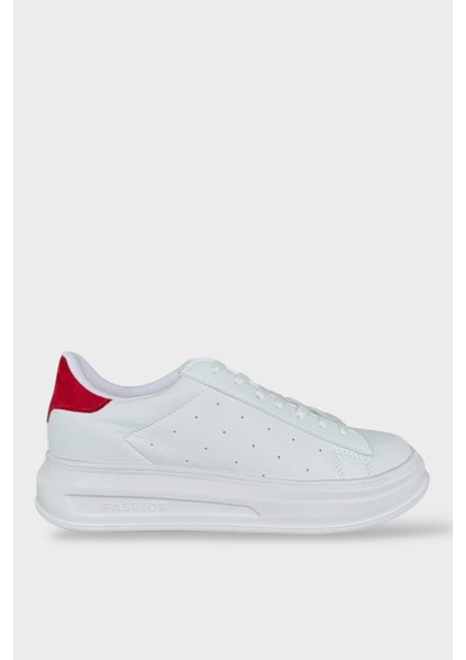 Kalın Taban Spor Kadın Sneaker Ayakkabı Beyaz - Kırmızı