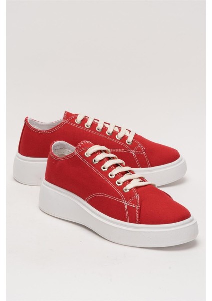 Kadın Rahat Kalıp Kalın Taban Keten Sneakers Kırmızı fiyatları