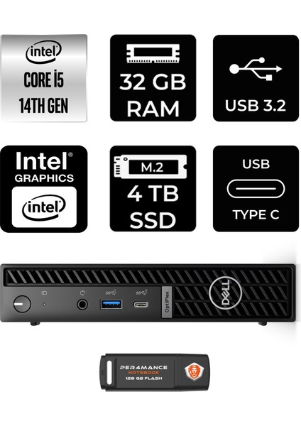 Optiplex 7020MFF Intel Core I5 14500T 32GB 4tb SSD Fdos Mini Masaüstü Bilgisayar & Per4 USB Bellek N012O7020MFFP320