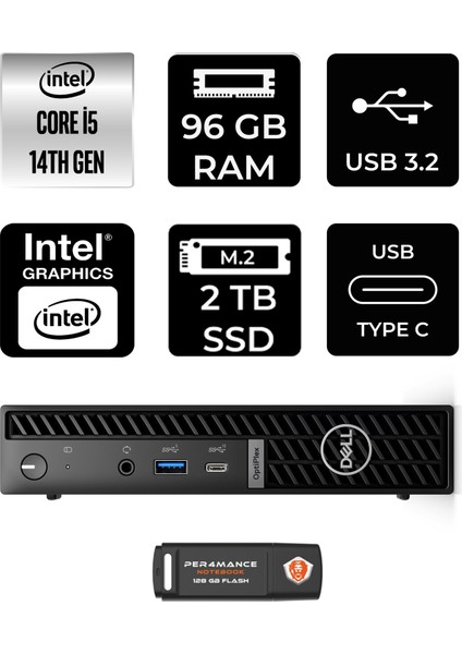 Optiplex 7020MFF Intel Core I5 14500T 96GB 2tb SSD Fdos Mini Masaüstü Bilgisayar & Per4 USB Bellek N012O7020MFFP339