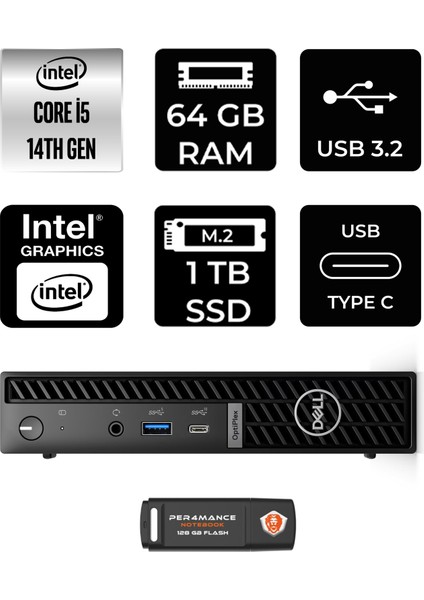 Optiplex 7020MFF Intel Core I5 14500T 64GB 1tb SSD Fdos Mini Masaüstü Bilgisayar & Per4 USB Bellek N012O7020MFFP333