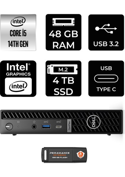 Optiplex 7020MFF Intel Core I5 14500T 48GB 4tb SSD Windows 11 Home Mini Masaüstü Bilgisayar & Per4 USB Bellek N012O7020MFFP370