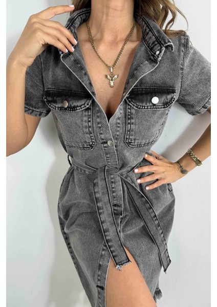 Sagi Jeans Kadın Kuşaklı Kısa Kollu Eteği Yırtıklı Midi Boy Kot Elbise fiyatları