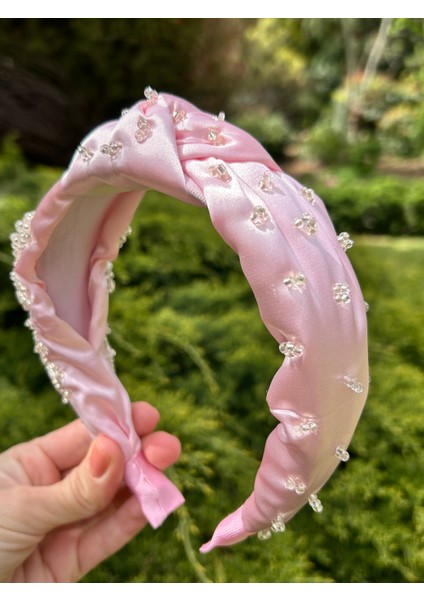 El Işlemeli Saten Toz Pembe Gümüş Işleme Abiye Nişan Davet Kadın Saç Tacı modelleri