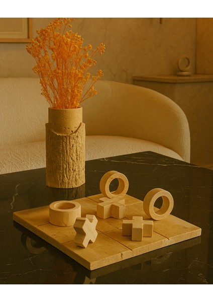 Doğal Traverten Tic Tac Toe (X-O) Oyun Seti – 30X30 cm