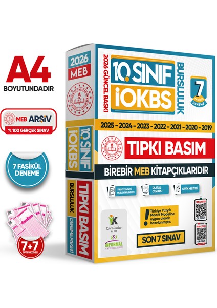 2026 10. Sınıf İOKBS Bursluluk Sınavı MEB Çıkmış Soru Tıpkı Basım Deneme Paketi 7’li
