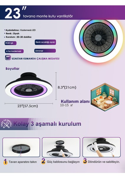Dlc Ovest Rgb LED Tavan Vantilatörü Kumandalı 58 cm